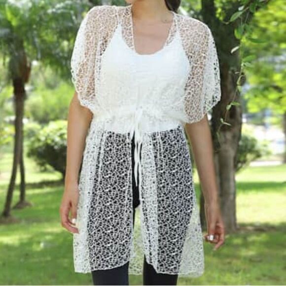 Jovie White Micro Lace Kimono Swimsuit Cover up with Drawstring Waist - Picture 8 of 9